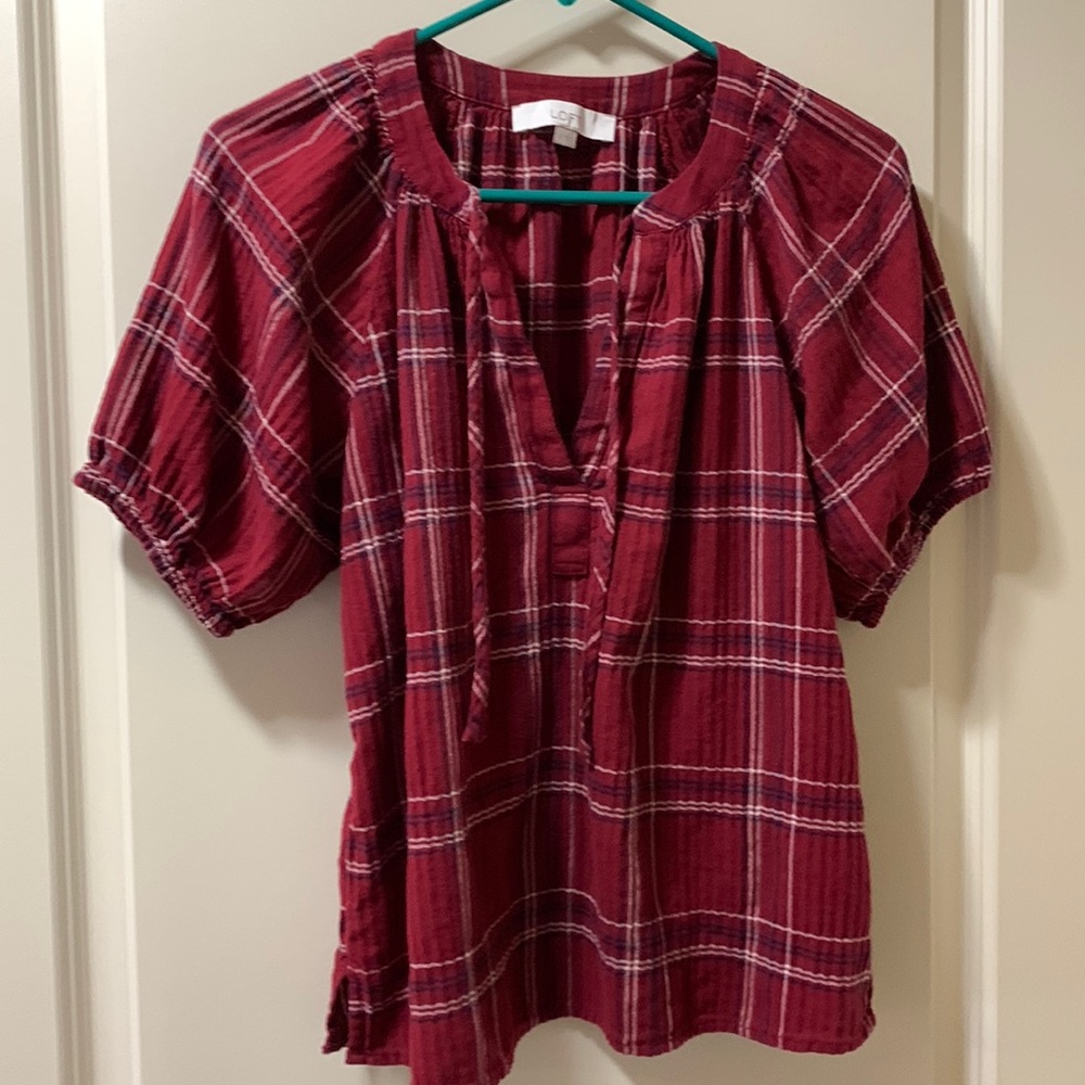 LOFT Burgundy Striped Tie Neck Top Blouse